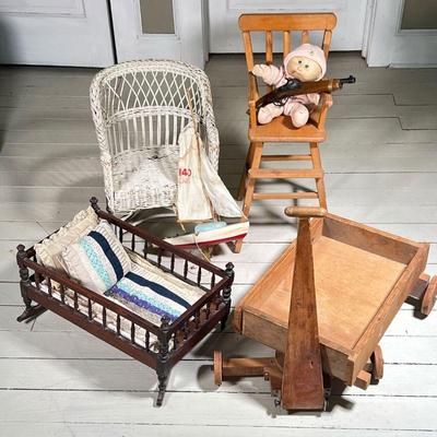 (7PC) VINTAGE TOY LOT | Including Early Doll Cradle (1 leg needs regluing), Doll's Hi-Chair, Wooden Wagon, Wooden Sailboat, Toy...