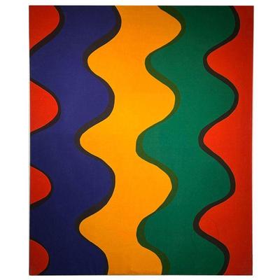 MID-CENTURY WALL ART |Colorful sinusoidal mid-century modern fabric wall art stretched on a wood frame marked 