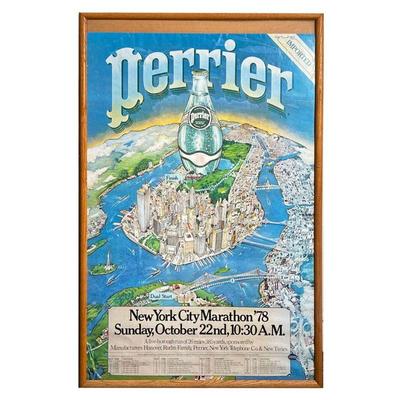 PERRIER 1978 NYC MARATHON POSTER | Perrier sponsor print ad for the 1978 New York City marathon; with listings of all the mile marker...