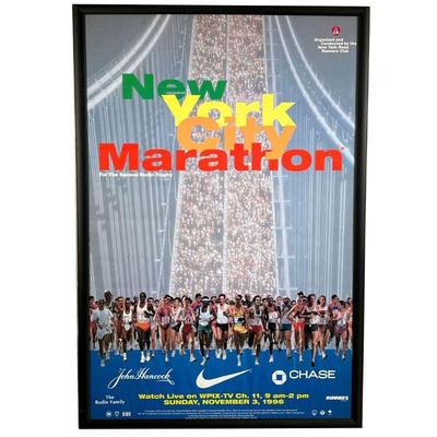 1996 NYC MARATHON POSTER | Commemorative print ad for the 1996 New York City marathon; framed behind glass. - l. 35 x w. 23 in (overall)
