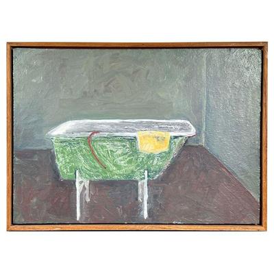ANDREW BERGEN (20TH CENTURY) | Oil painting on board by Andrew Bergen, NY, 1970s, showing a green tub in a green room. - l. 23 x h. 16.5...