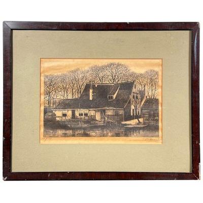 ETCHING OF HOMESTEAD | Etching of a Dutch home by wetlands; signed in lower right â€œP. Fâ€”â€œand numbered 154/155 Amsterdam. - l. 13.5...