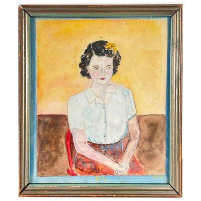 WATERCOLOR OF WOMAN | Small watercolor of a woman; signed in lower right â€œSMHâ€ and in the middle â€œN.L.â€; framed behind glass. -...