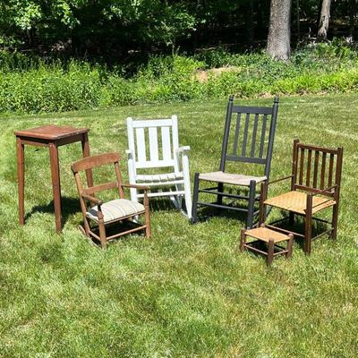 (6PC) LOT OF SMALL CHAIRS | Lot of small wood seating including childâ€™s rush seat rocker; white painted childâ€™s rocker; childâ€™s...