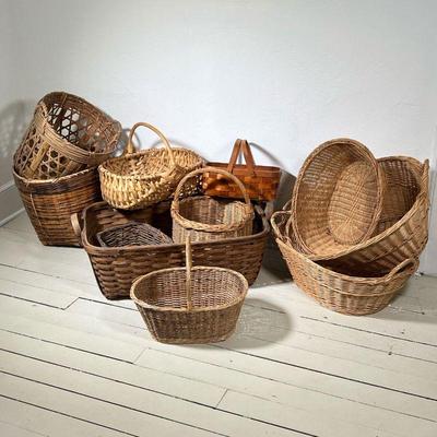 (11PC) BASKET LOT | Baskets include Large nice Splint Basket, Oval/ Melon shaped Splint Basket and others. - l. 31 x w. 19.5 x h. 12 in...