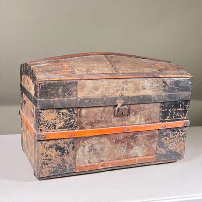 CHILDS DOME TOP TRUNK | Child's Dome Top storage trunk with wood and metal banding. - l. 20 x w. 11 x h. 12 in
