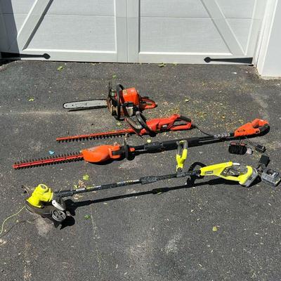 (4PC) LOT OF POWER YARD TOOLS | Includes: - Ryobi One+ 18v Lithium Trimmer (with battery and charger) - BLACK+DECKER 20V MAX Cordless...