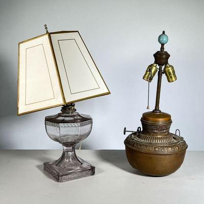 (2PC) GLASS OIL & BRASS EMBOSSED LAMP | American Pressed Glass 19th C Oil Lamp in Roman key design w/screw in light and shade Also 19th C...