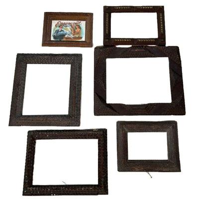 (6PC) TRAMP ART FRAMES | Tramp Art Frames. Very nice examples including one with Engagement Cigar advertising. - l. 18.5 x h. 15.5 in...