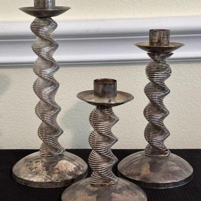 Trio Silver Tone Stair-Step Twisted Candlesticks
