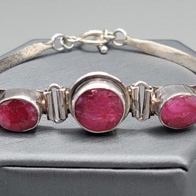 925 Silver Bracelet w/ Rhodonite Stones,