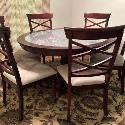 Solid Wood Table w/ Granite Insert & 6- Solid Wood Upholstered Chairs