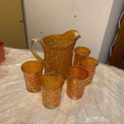 Imperial Glass Lustre Rose Marigold Large Pitcher and 5 tumblers + 3 similar tumblers