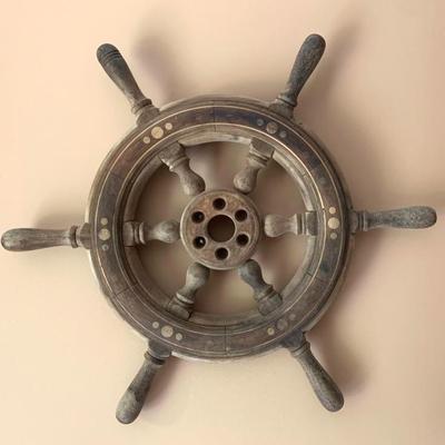 Vintage in-laid ship wheel, 24 in.