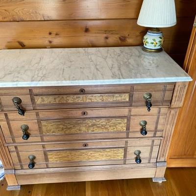 Antique Carved 3 Drawer Chest with Marble Top and Teardrop Drawer Pulls