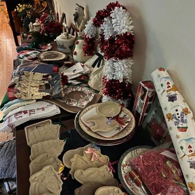 Christmas table linens and a cookie mold collection 
