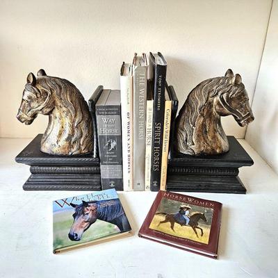 Set of Eight Books on Horses (Two are Coffee Table Books) with a Pair of Horse Head Bookends Blk / Gold