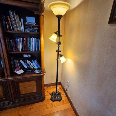 Heavy Wrought Iron Floor Lamp with Three Amber Tone Glass Shades - Two Lower are Adjustable -71