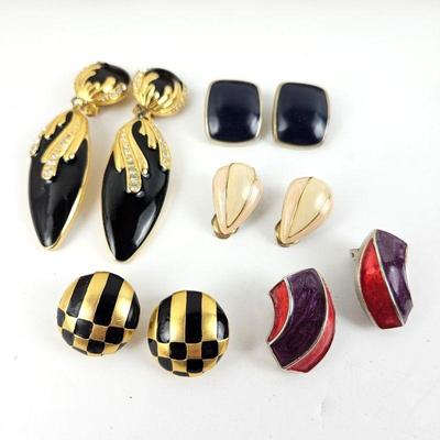  Set of Five Pairs of 1980s Colorful Enameled Clip Earrings - Assorted Colors & Styles