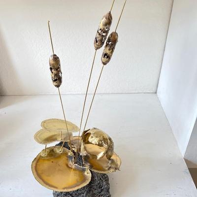 Mid- Century Modern Brass Sculpture on Black Lava Rock w/ Cattail Plants, Lilly Pads, & a Little Frog