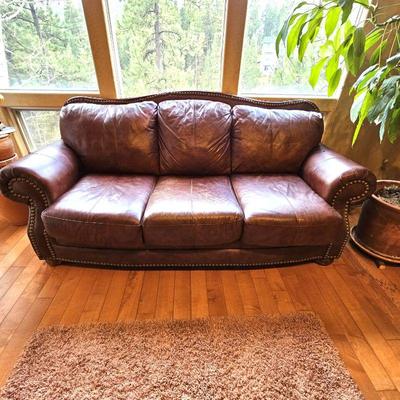 Oversized Leather Sofa Couch in Brown Genuine Leather and Large Brass Stud Accents 88