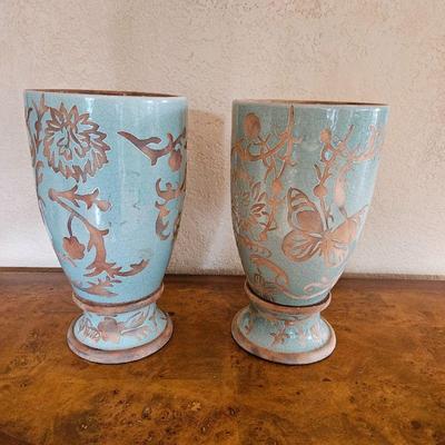 Set of Two Partially Glazed Pottery Vases in Light Teal Blue - 12