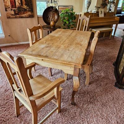  Rustic Solid Pine Dining Table with Four Solid Pine Matching Chairs (Two Captain)