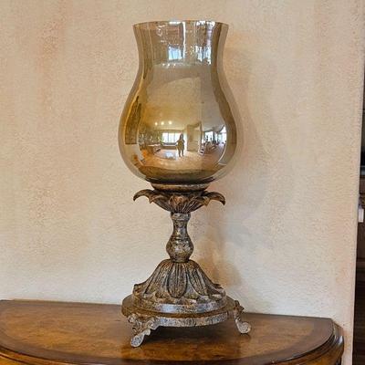 Oversized Candle Holder with Large Smokey Glass Hurricane Shade - w/ Large Electric Candle inside