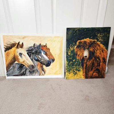Set of Two Original Art Pieces by Homeowner - Horses 18" x 24" and Bear 16" x 20" on Art Paper