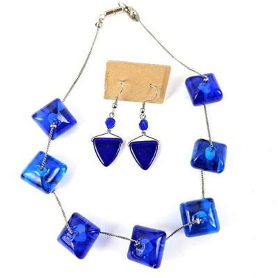 Murano Italy Blue Glass Beads on this 16" Silver Chain Necklace Plus Matching Glass Blue Earrings (Not Murano)