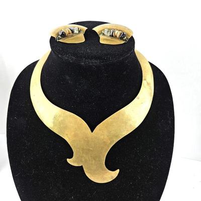  Hammered Brass Chocker Style Necklace with Matching Brass Earrings