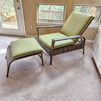  Like New Wicker Outdoor Lounge Chair with Foot Rest and Green Cushions - Martha Stewart Living Brand