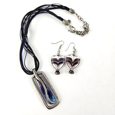 Chico's Brand Pendant Necklace Silver Tone w/ Blue & Purple Colors Plus Glass Heart Dangle Earrings w/ Purple Swirls