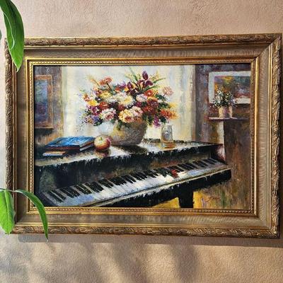 Oil on Canvas (Original)? Piano with Floral Bouquet in Ornate Gilded Frame - 43