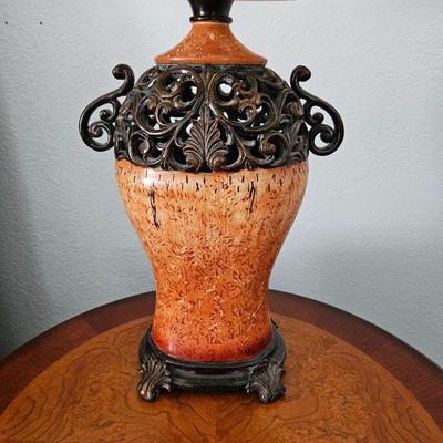  Set of Two Beautiful Table Lamps with Wood Grain Look & Scroll Design - Each is 33"T - Very Good Condition