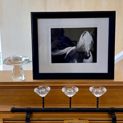 Metal Candle Holder, Signed LE Horse GiclÃ©e by Cathy Sheeter, & Signed Glass Art