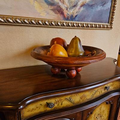  Large Rustic Footed Centerpiece Bowl with Oversized Ceramic Fruit 21