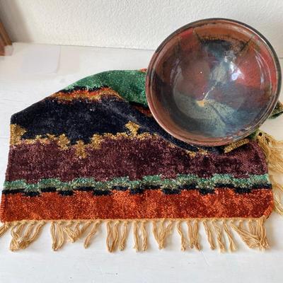 Ceramic Studio Pottery Bowl with Nebula Center- Multicolor Chenille Gabbeh Style Mat