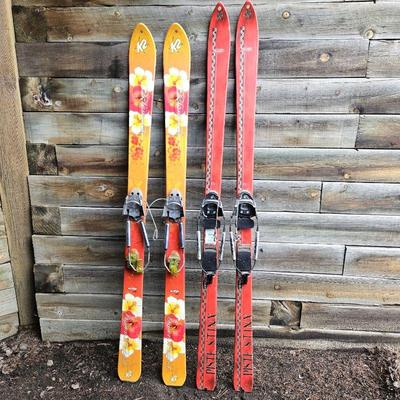  Two Pair of Telemark K2 Skis - "Dawn Patrol Tele 9" 160s & Red Piste Stinx 12.0 Side cut 168 - W/ Bindings