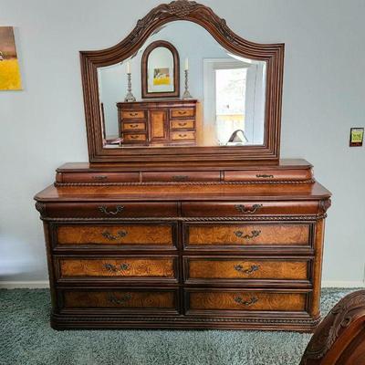  Aspen Home Dresser NAPA Collection in Poplar and Ash Burl Woods with Landscape Arched Mirror - Jewelry Drawers