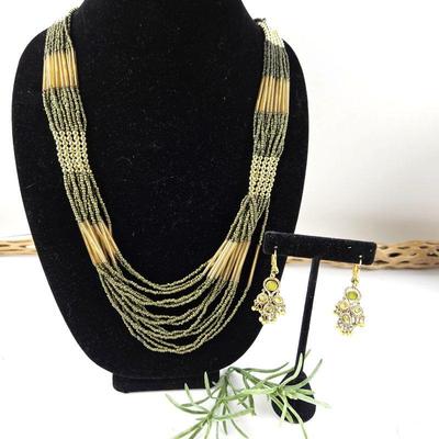 Set of Multi-Strand Beaded Necklace with Green and Gold Beads, Plus Gold Tone Drop Earrings with Green Stones