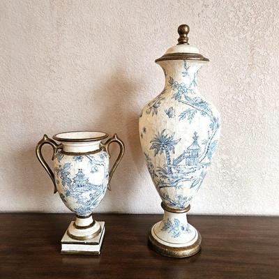 Set of Two Unique Asian Inspired Urns / Vases - One w/ Lid - Ivory w/ Blue Japanese Scenes and Brass Tone Accents