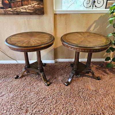 Set of Two Ornate Round End Tables with Decorative Mixed Wood Tone Inlays / Column Base & Three Legs