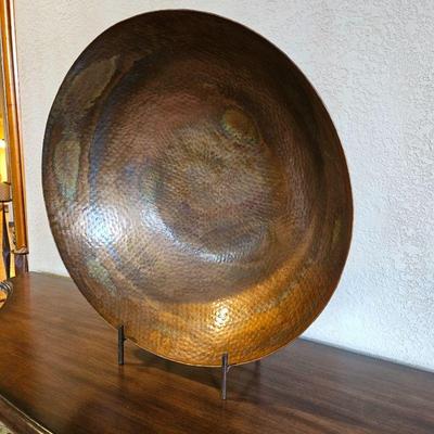 Large Shallow Hammered Copper Bowl on Stand - 23