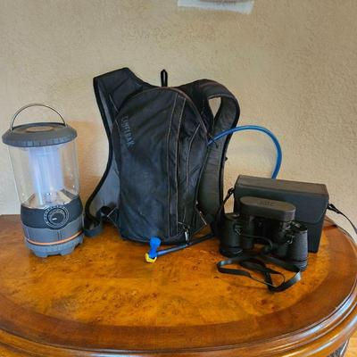 Set of Camping/Hiking Gear - Ozark Trail Lantern, Camelback & Sears Binoculars 7 x 35mm with Case