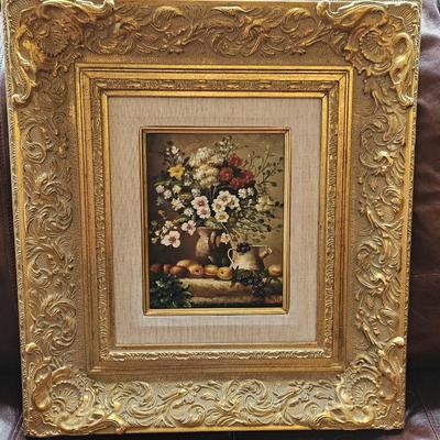 Small Oil on Canvas w/ Thick Gilded Frame - Colorful Flower Bouquet - Artist Unknown - From Nieman Marcus