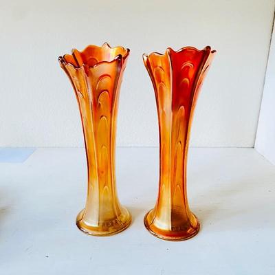 Two Mesmerizing Marigold Morning Glory Imperial Carnival Glass Iridescent Vases