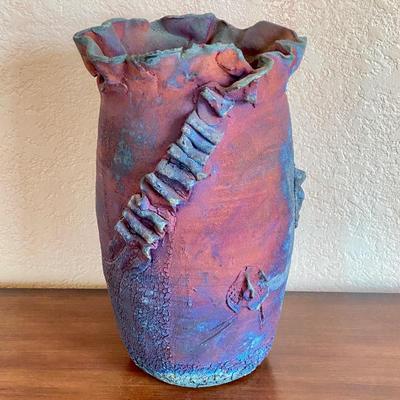 Raku Fired Sculpture in Copper Matte Glaze w/ Eye Catching Rainbow Patinas & Crackle