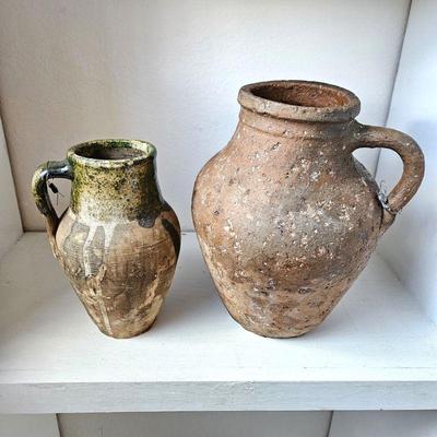 Set of Two Very Old Looking Partially Glazed Pottery Jugs / Pitchers - Rustic - 9" & 11" Tall
