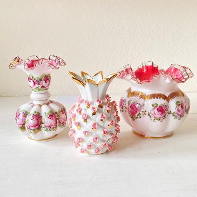 Fenton Ruffled Melon Charleton Peach Vases & 1940's Flowering Pineapple Vase by Lefton 
